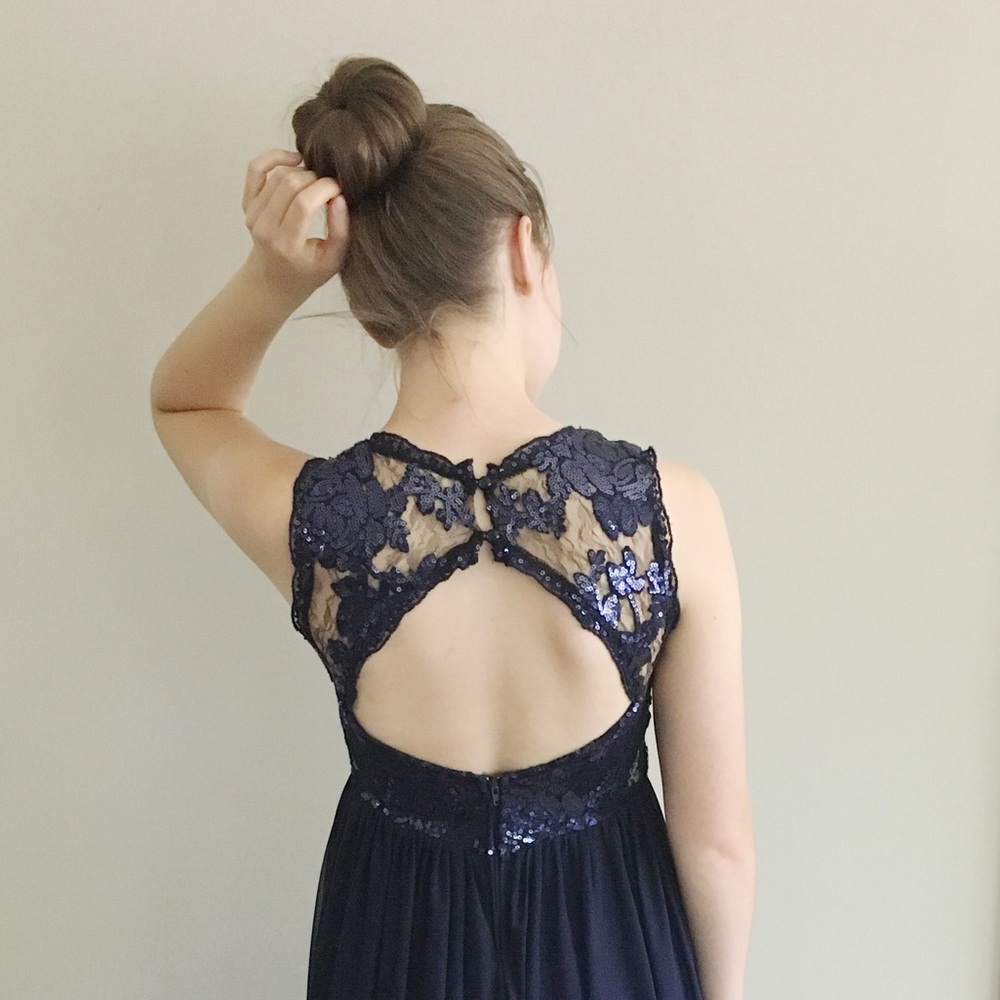 Navy Sequined & Lace Formal Dress
